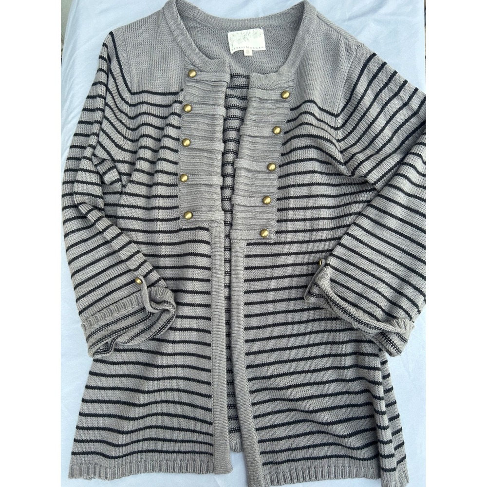 Debbie Morgan Striped Military Button Cardigan Women XL Grey Black Knit Sweater